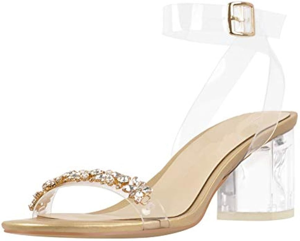Yolkomo Women's Clear Mid Block Heels Slide Sandals Rhinestone Open Toe Mule | Amazon (US)