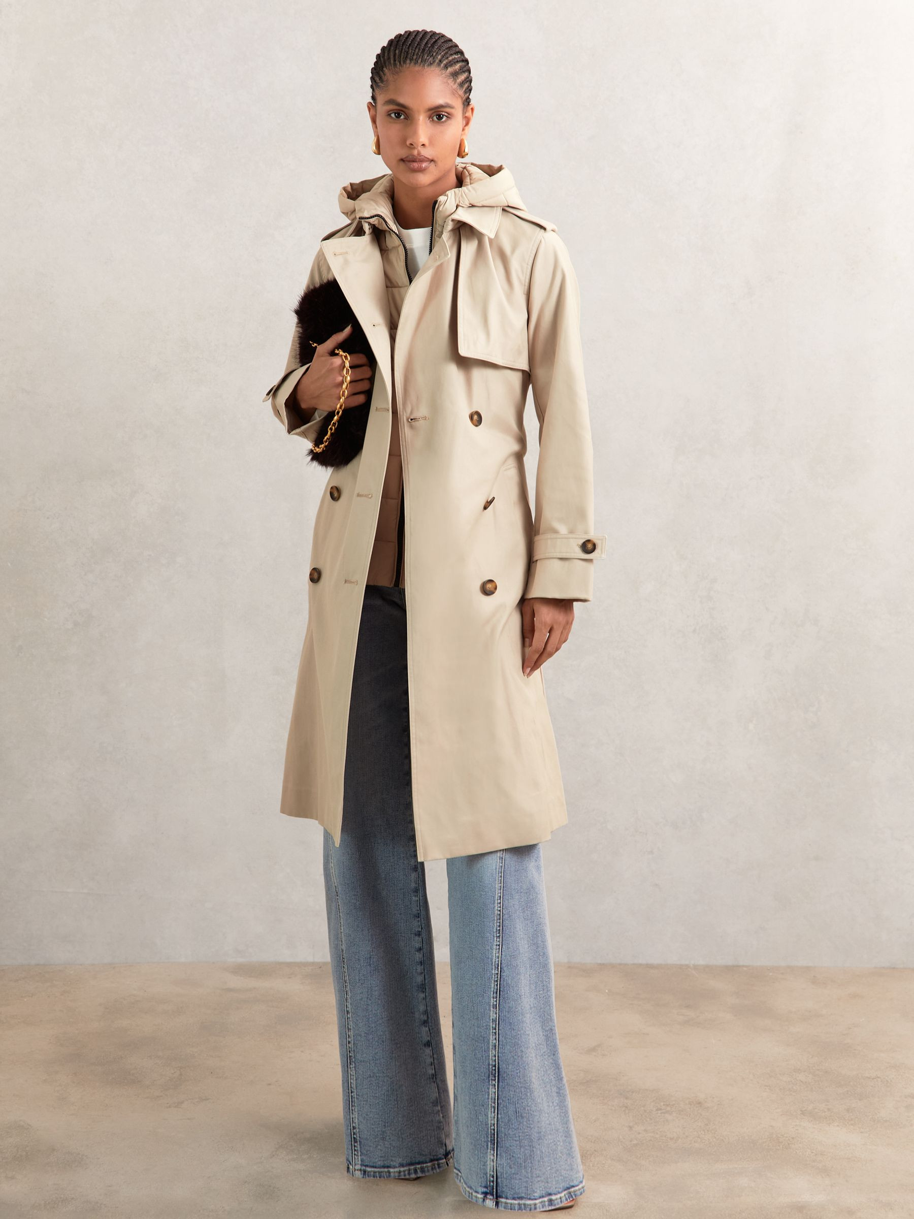 Petite Hooded Insert Trench Coat in Stone | Reiss US