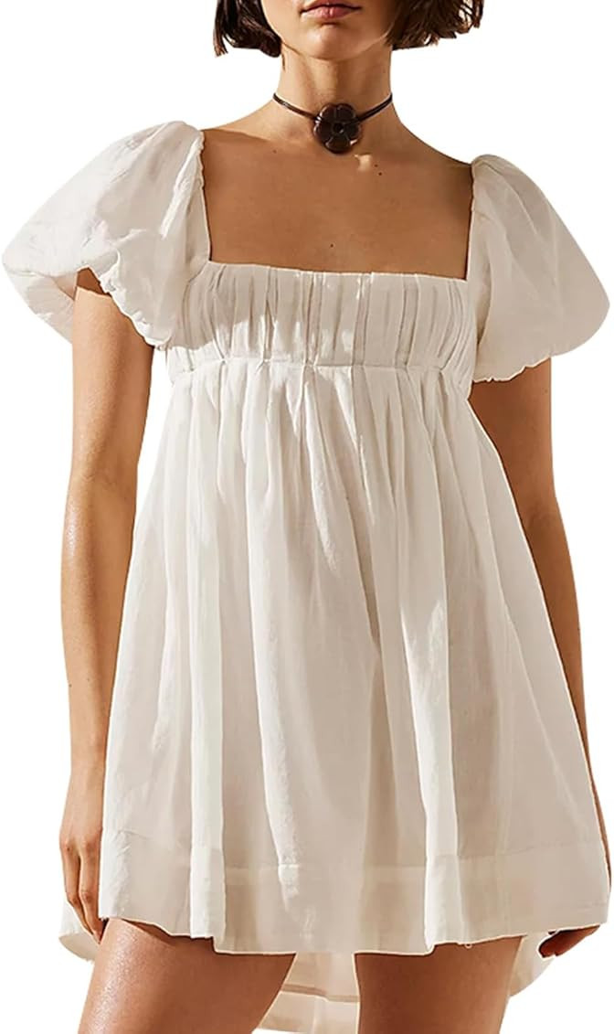 Juakoso Women Y2k Puff Sleeve Babydoll Short Dress Square Neck Tie Back Mini Dress Flowy Solid Co... | Amazon (US)
