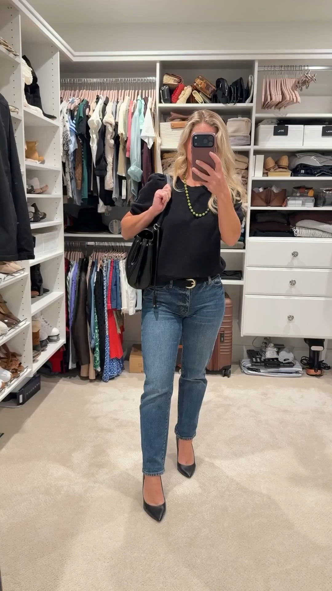 Simple pieces, strong accessories, and good denim will do the heavy lifting every time.

I’ve been leaning into outfit formulas that feel classic but still intentional — a black knit top, straight jeans, pointed heels, structured bag, and a statement necklace to finish it off.

Easy to wear. Easy to repeat. Never boring.

#LTKootd #LTKPetite #LTKSeasonal