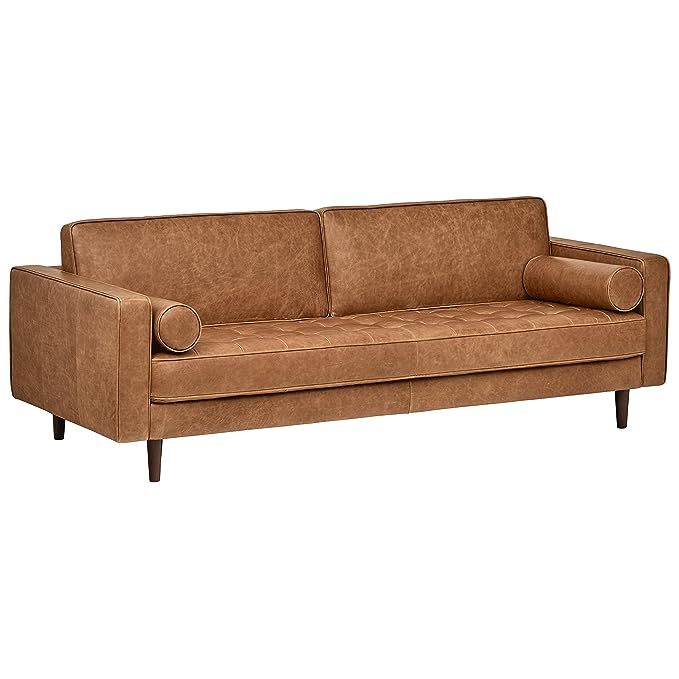 Rivet Aiden Tufted Mid-Century Leather Bench Seat Sofa, 86.6"W, Cognac | Amazon (US)