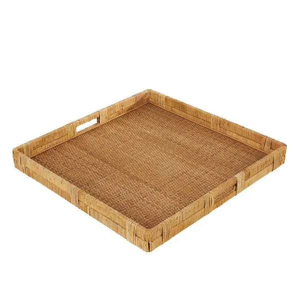 Brown Rattan Handmade Woven Living Room Decor Tray with Slot Handles - 22"W x 23"L x 3"H | Bed Bath & Beyond