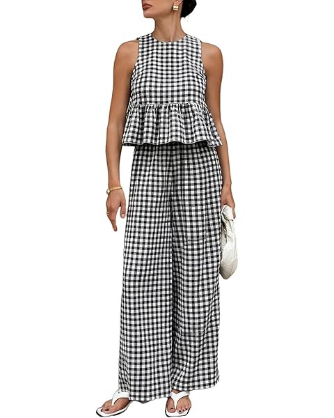 Tanming Women's 2 Piece Set Outfits Gingham Plaid Tank Tops Wide Leg Pants Matching Lounge Sets | Amazon (US)