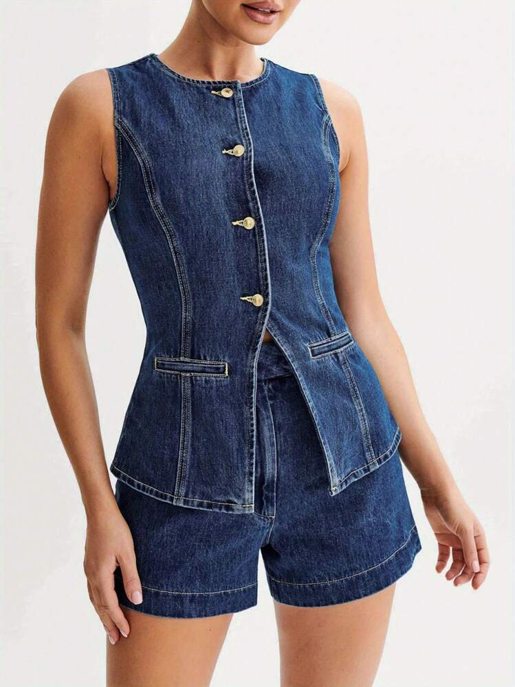Women's Denim Long Vest Tops Button-Up Back Slit Sleeveless Pocket Round Neck Waistcoat | SHEIN