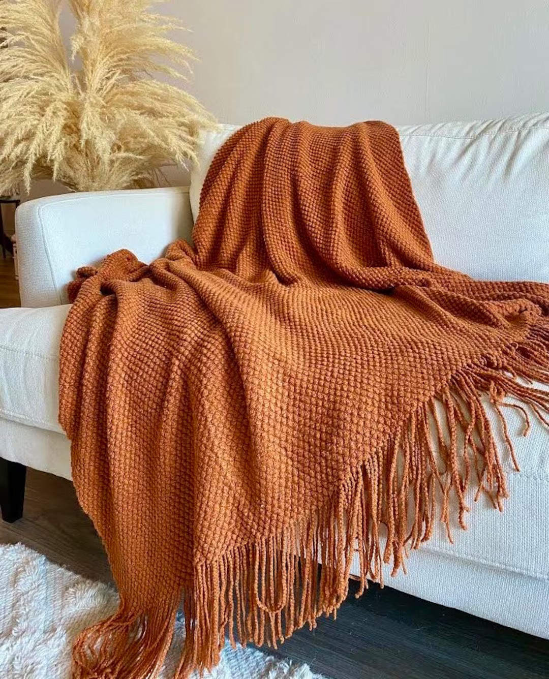 Burnt Orange Throw Blanket, Orange Bedroom Blanket, Fall Throw Blanket, Rust Orange Fringe Throw ... | Etsy (US)