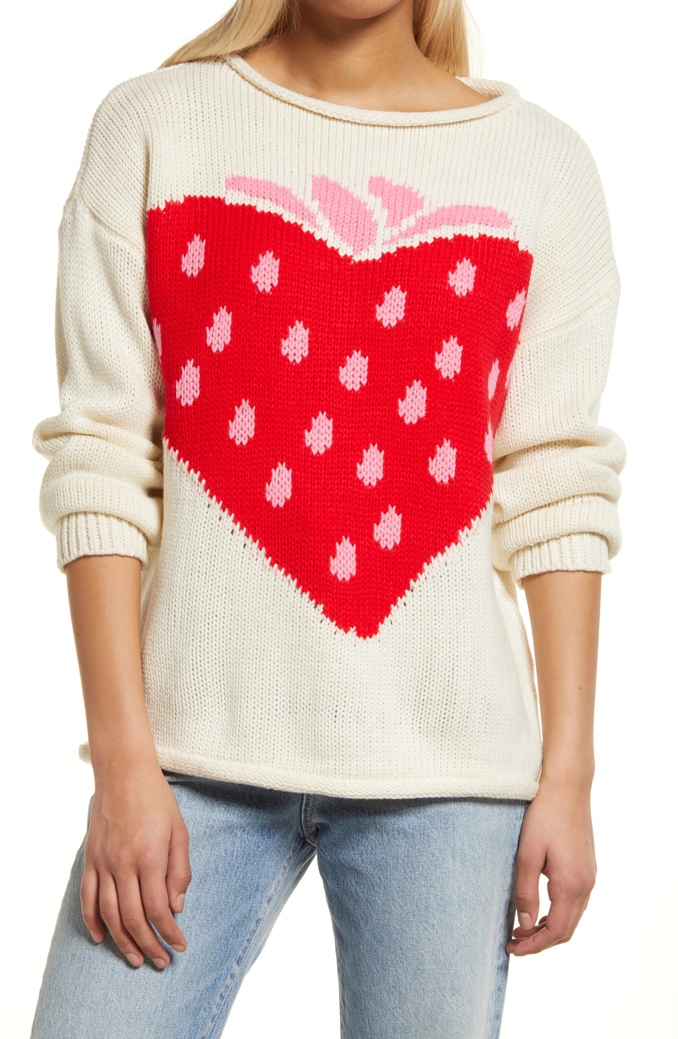 4SI3NNA Leigh Intarsia Heart Sweater in Cream at Nordstrom, Size Large | Nordstrom