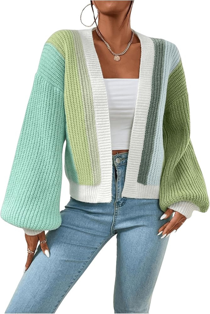 SHENHE Women's Color Block Open Front Long Sleeve Ribbed Knit Cropped Cardigan Sweaters | Amazon (US)