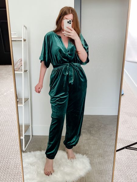 Such a good holiday jumpsuit from Walmart! Wearing size large. Velvet jumpsuit. Holiday outfit. 

#LTKunder50 #LTKSeasonal #LTKHoliday