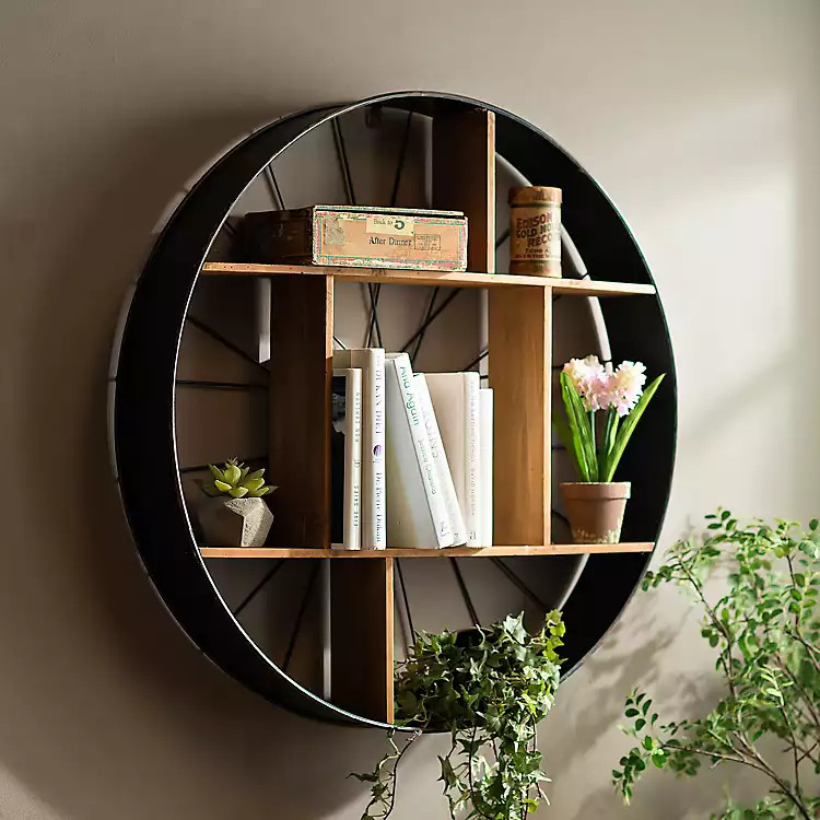 Wood and Iron Bicycle Wheel Shelf | Kirkland's Home
