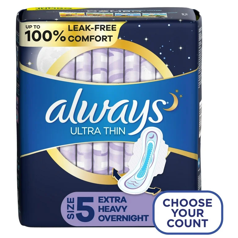Always Ultra Thin Extra Heavy Overnight Pads with Wings, Size 5, Extra Heavy Overnight, Unscented... | Walmart (US)