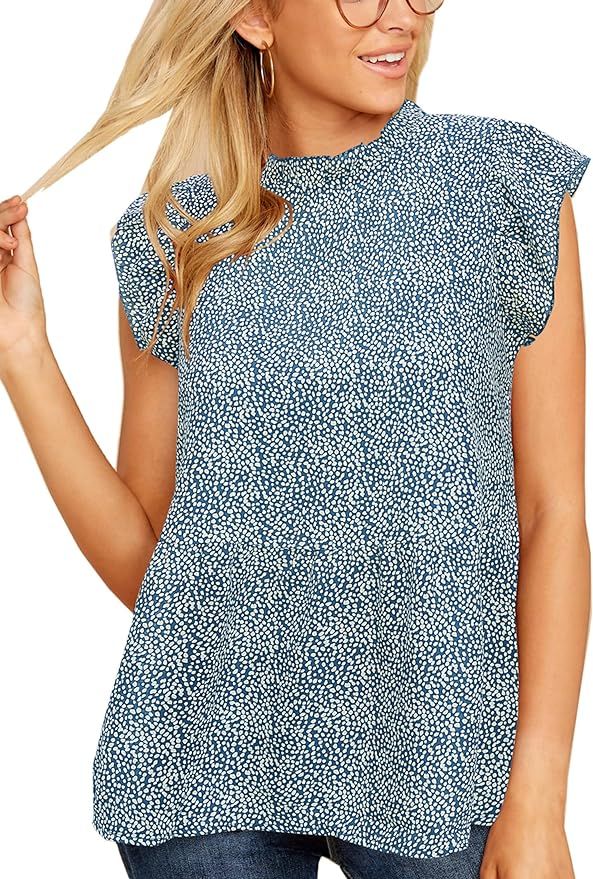 Angashion Women's Tops Casual Floral Print Cap Sleeve Ruffle Neck Loose Babydoll Shirt Blouse Tun... | Amazon (US)