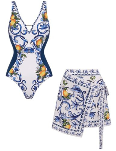 FLAXMAKER Womens Adjustable Strap V-Neck Bathing Suits with Lemon Print Swimsuit and Skirt/Short Skirt (US, Alpha, Medium, Regular, Regular, Blue Swimsuit and Short Skirt) | Amazon (US)