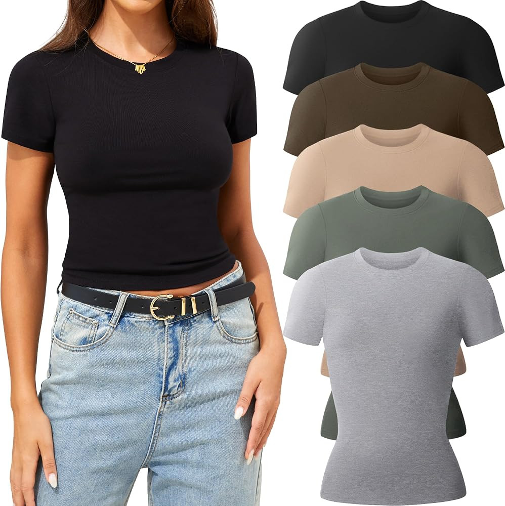CE' CERDR 3/5 Pack Womens T Shirts Crew Neck Short Sleeve Shirts for Women Casual Basic Fitted St... | Amazon (US)