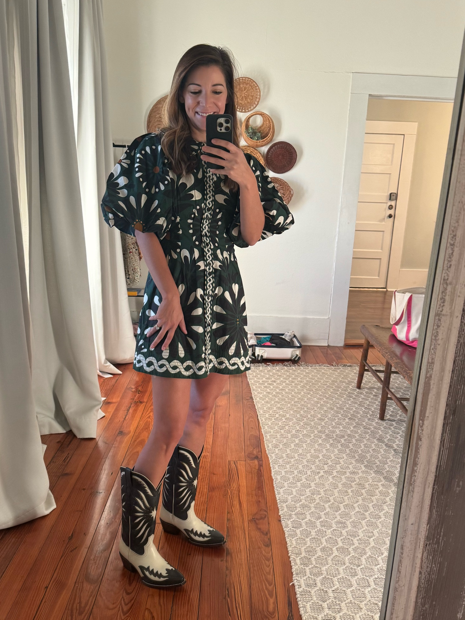 Roundtop outfit. Western outfit. Dress. Cowboy boots. Black boots. Rodeo dress. Farm Rio. Tecovas  

#LTKSeasonal #LTKSaleAlert #LTKTravel