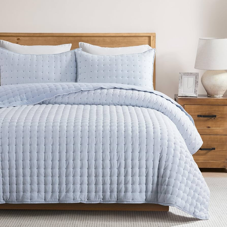 WDCOZY Blue Cloud Quilt Set King Size, Lightweight Soft Cross Stitch Bedspread, Textured Like Lin... | Amazon (US)