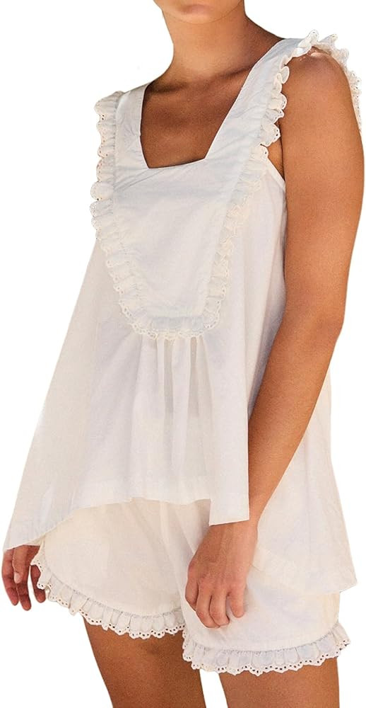 Wyeysyt Womens Pajamas Set 2 Piece Cotton Ruffle Pj Lounge Sets Trim Cami Top and Shorts Sleepwea... | Amazon (US)