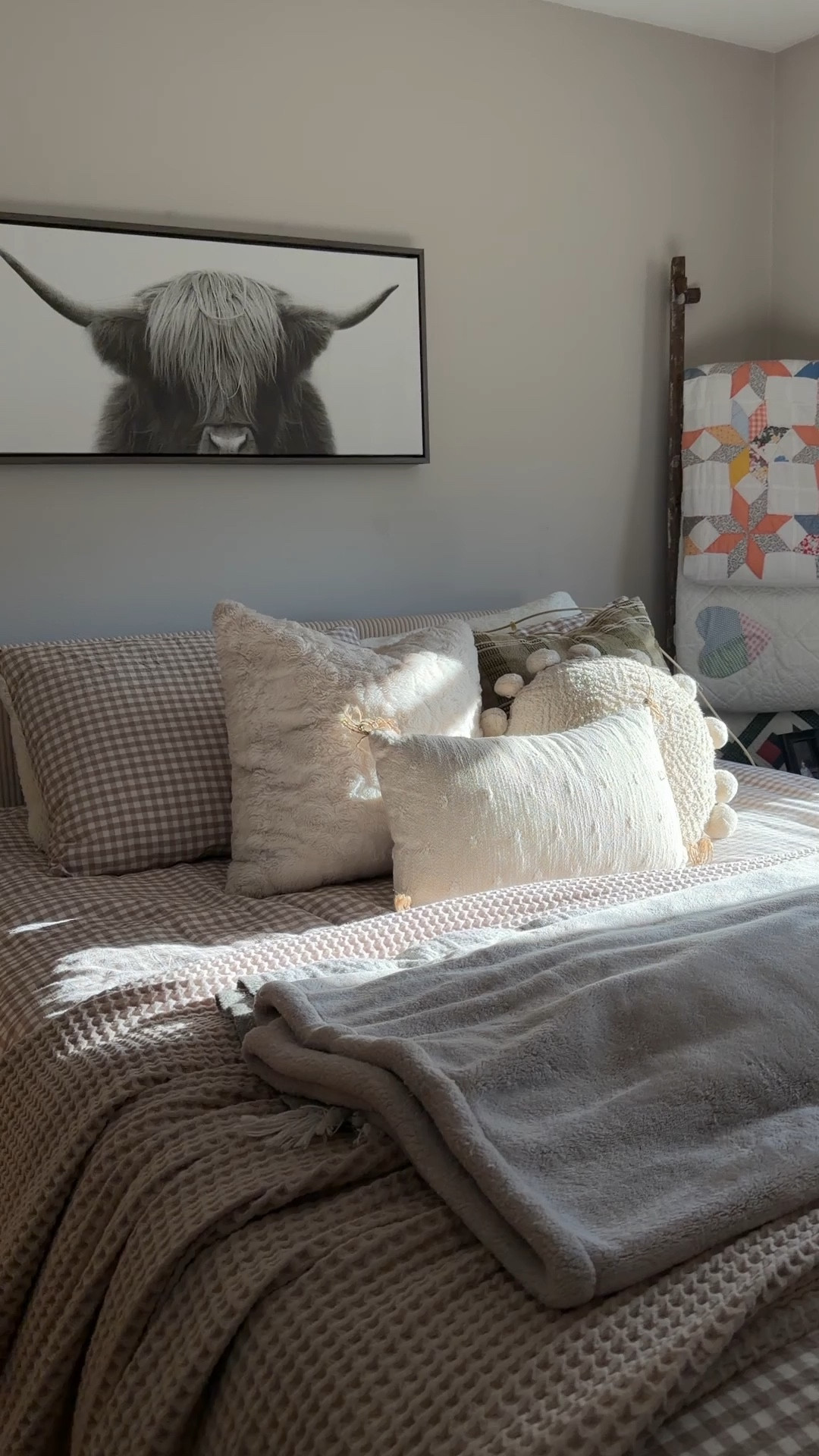 All my bedding deets  🛌🥱🧺⛅️🤎🤍

brown & white gingham duvet set is from Amazon
white tie pillow cases are from Amazon
green & white striped sheets are from @Target  
tan waffle blanket is from Amazon
grayish cozy/fuzzy blanket is from @Target 
green fringe throw blanket is from @Target 
throw pillows are from @Target or Amazon or Lily’s
body pillow cover is from @Target 
bed frame is from Walmart
cow picture frame hanging above my bed is from @Target 

Amazon home, Amazon finds, Amazon deals, Spring Deal Days, hot deals, Amazon bedding, Amazon duvet sets, gingham bedding, trending bedding, Target finds, Target home, Target bedding, Target sheets, queen sheets set, striped sheets, Target deals, Walmart finds, Walmart home, Walmart deals, bed frames, cute bedding, watch now

#LTKSaleAlert #LTKHome #LTKdayinmylife