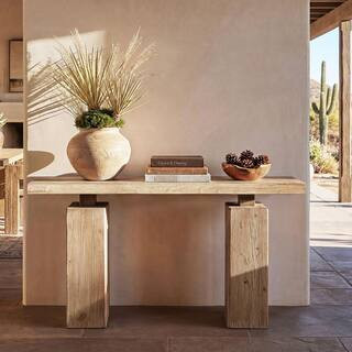 Calder 60 in. Heritage Light Natural Brown Rectangle Solid Reclaimed Elm Wood Plinth Console Table | The Home Depot
