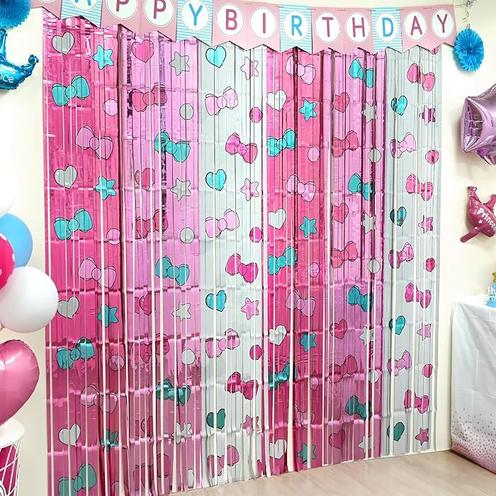 Kawaii Birthday Decorations, 2 Pack Cartoon Cat Theme Party Supplies, 3.3 x 6.6ft Tinsel Foil Fri... | Amazon (US)