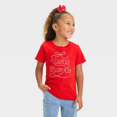 Toddler Girls' Christmas Short Sleeve Very Merry T-Shirt - Cat & Jack™ Medium Red 5T | Target
