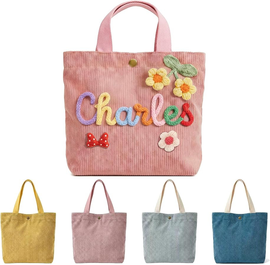 Personalized Corduroy Tote Bag with Custom Name, 3D Crochet Flower Tote Bag for Girls, School Tra... | Amazon (US)