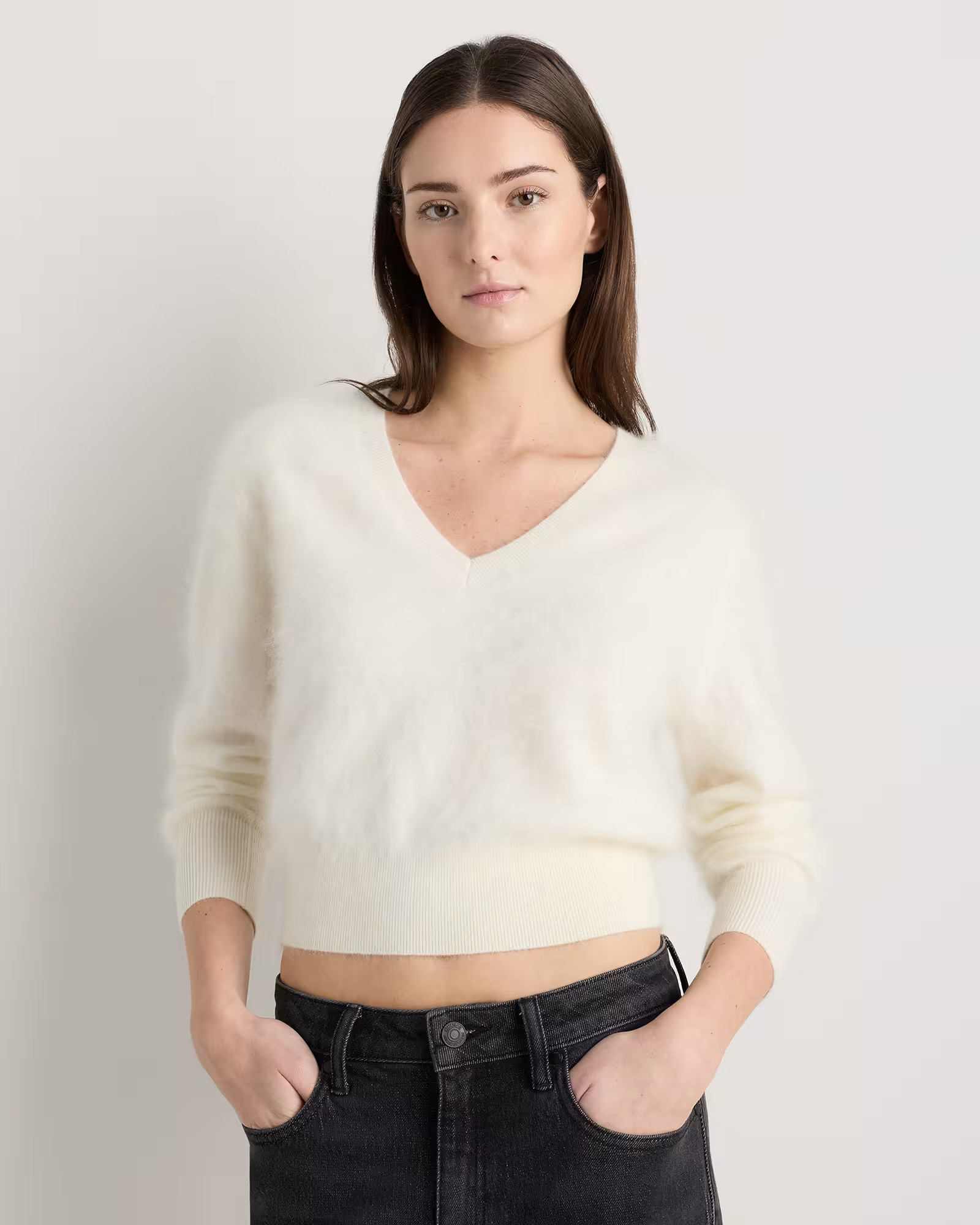 Brushed Cashmere Shrunken V-Neck Sweater | Quince