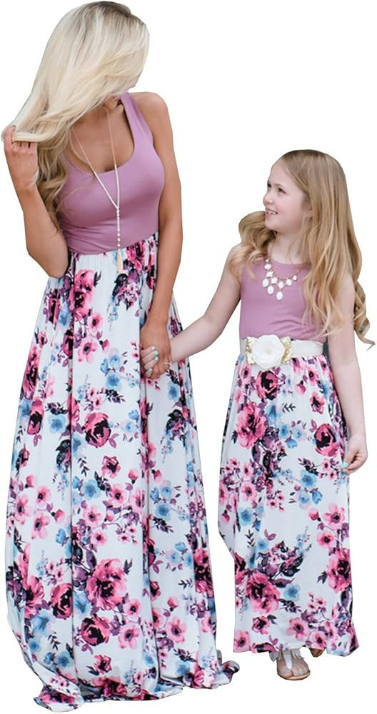 Mommy and Me Matching Maxi Dresses,Sleeveless Top Bohemia Floral Printed Matching Outfits with Po... | Amazon (US)