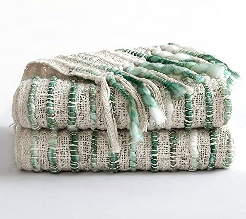 MOTINI Green Throw Blanket Farmhouse Textured Knit Striped White and Green Hand Woven Thick Boho ... | Amazon (US)