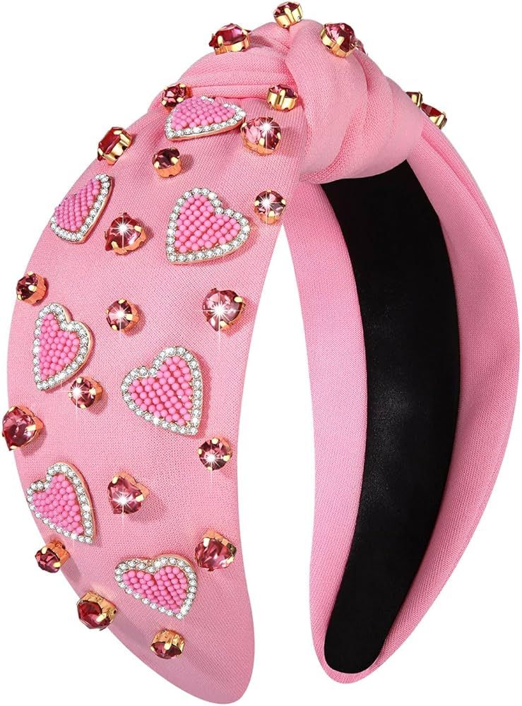 YAHPERN Valentine’s Day Headband for Women Red Pink Heart Knotted Headband Jeweled Rhinestone C... | Amazon (US)
