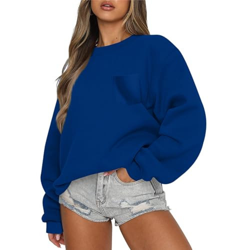Crew Neck Sweatshirts Women Trendy Oversized Plain Cute Sweatshirts Long Sleeve Preppy Sweatshirt with Pocket Dressy College Streetwear Travel Hoodie Workout Holiday Club Fall Clothes Dark Blue,L | Amazon (US)