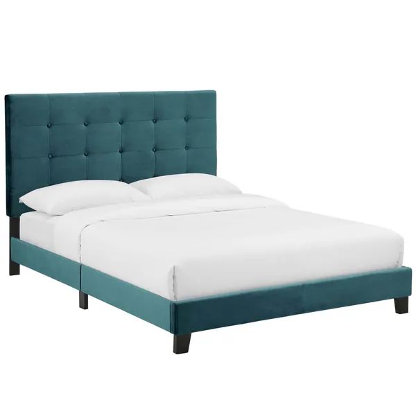 Melanie Twin Tufted Button Upholstered Performance Velvet Platform Bed - Sea Blue | Bed Bath & Beyond