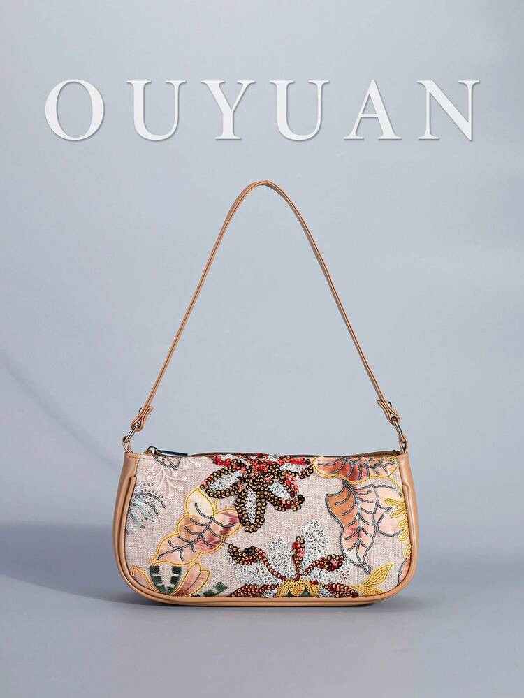 Sac Baguette À Fleurs Avec Broderie De Paillettes. Sac À Main De Mode Pour Femmes Avec Couture De Perles Bicolores. Sac À Bandoulière Avec Fermeture Éclair À Broderie Contrastée, Coupé De Manière Aléatoire. Convient Pour Les Fêtes, Les Mariages, Les Bals De Promo. Parfait Pour Les Soirées, Les Dîners, Les Banquets, Assorti Aux Robes De Fête, De Soirée Et À Paillettes (Motif Aléatoire) | SHEIN