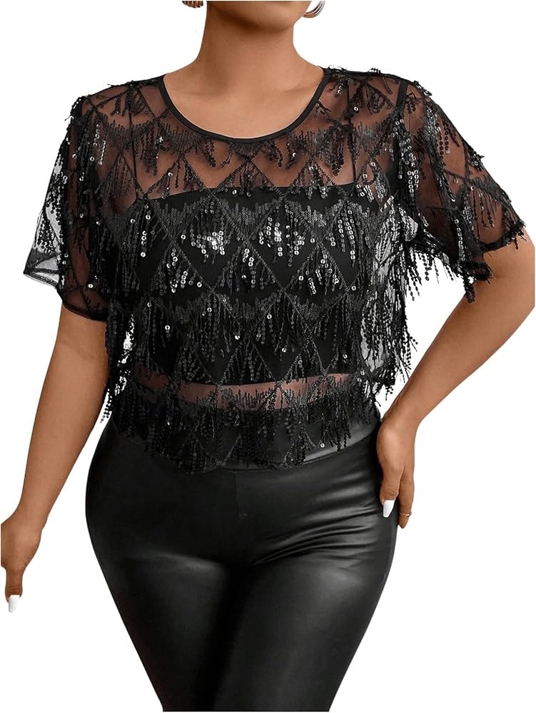 MakeMeChic Women's Plus Size Blouse Sequin Tassel Mesh Sheer Crew Neck Short Sleeve Crop Top | Amazon (US)