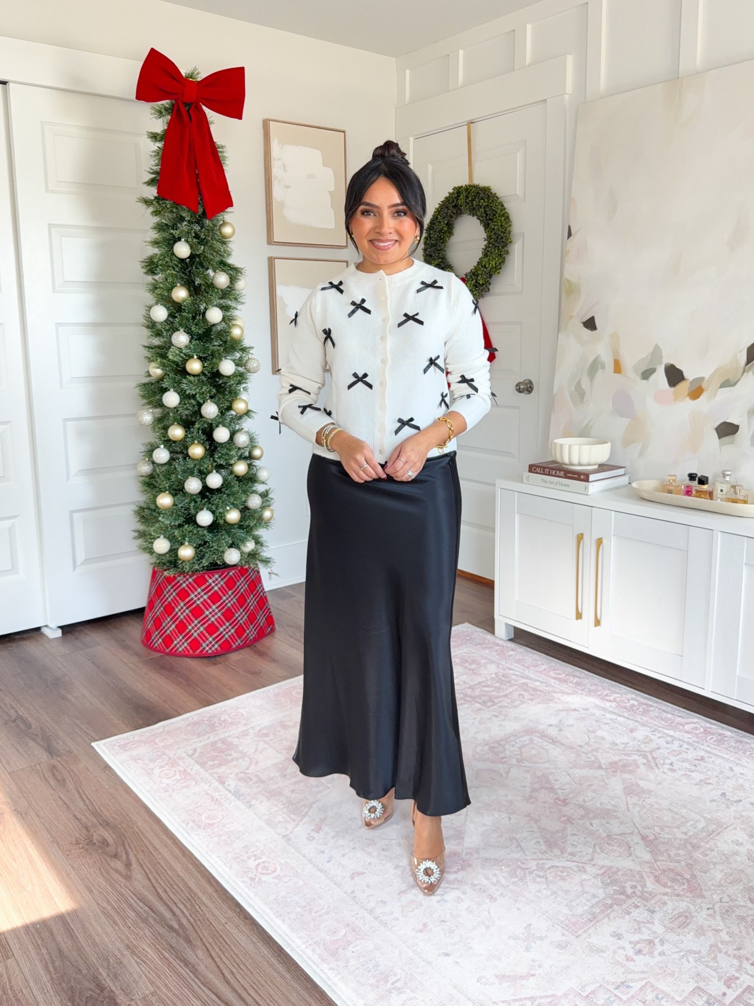 Black bow cardigan sweater size xs TTS
Black silk maxi skirt size xs TTS
Rhinestone heels - old, similar linked

#LTKPetite #LTKFindsUnder50 #LTKSaleAlert