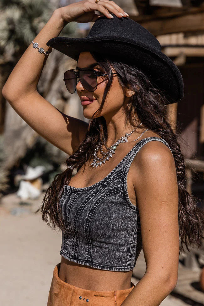 Sounds Like A Memory Black Acid Wash Denim Crop Tank | Pink Lily