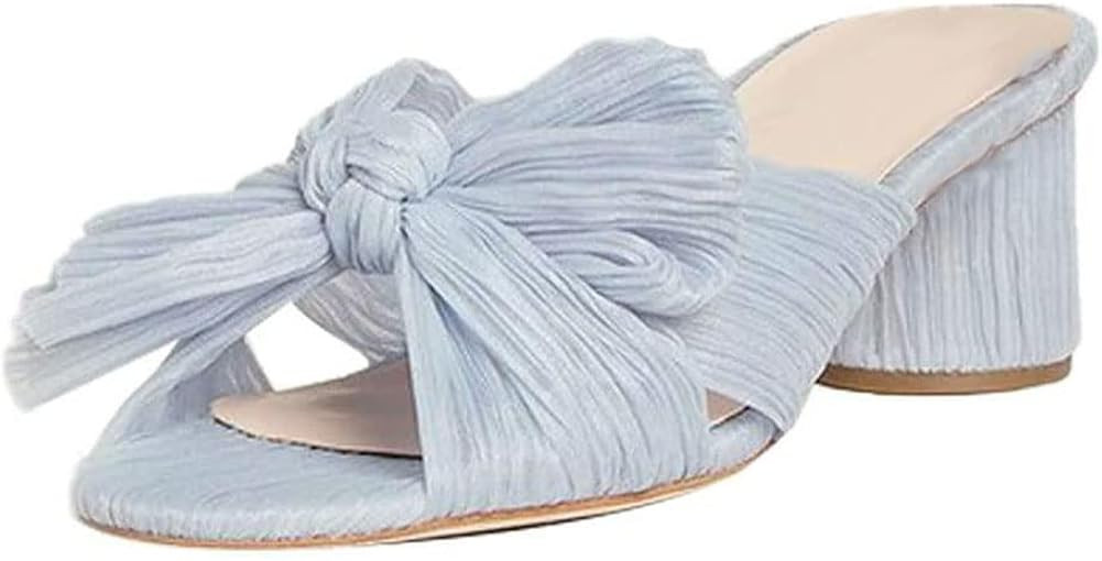 Vimisaoi Chunky Block Heeled Sandals for Women Comfortable Slip On Open Toe Pleated Bow Heel Sand... | Amazon (US)