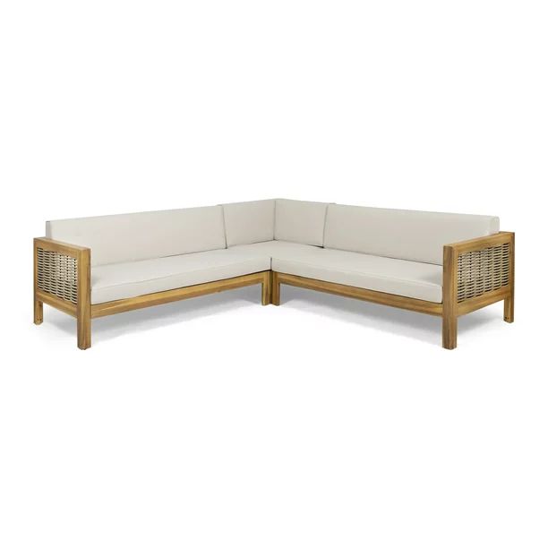 Theresa Outdoor Wood and Wicker 5 Seater Sectional Sofa Set, Teak and Beige | Walmart (US)