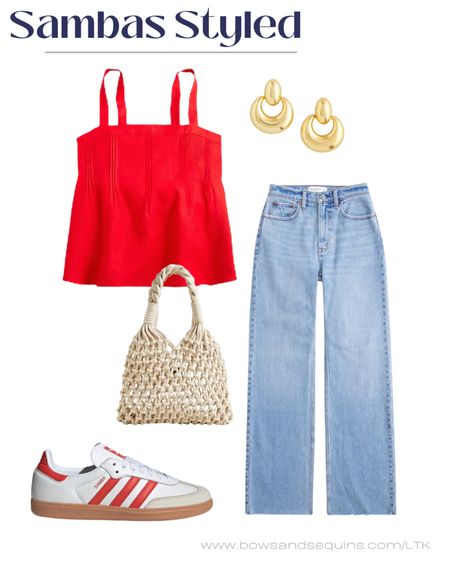 A pop of red is one of the easiest ways to make your spring and summer outfits a little bit more fashion-forward!

For this summer outfit, I paired a breezy red top with straight leg jeans and Adidas sambas. This little bag will take you from vacation to date night! A chunky gold earring is always the answer, too.

#LTKshoecrush #LTKfindsunder100 #LTKSeasonal