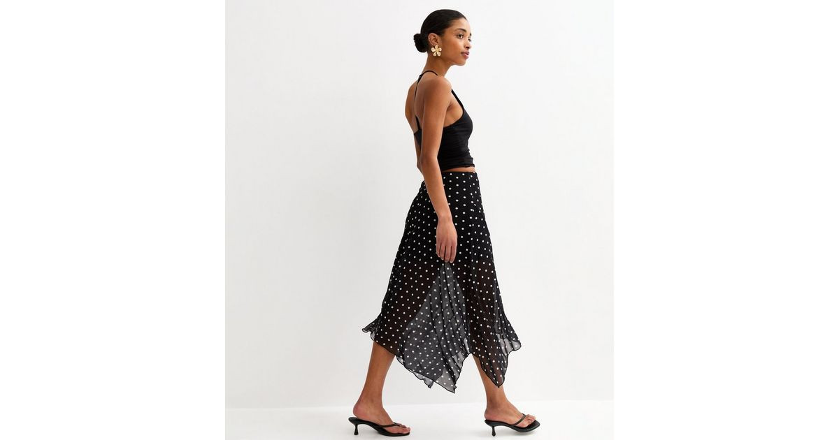 Black Mesh Polka Dot Hanky Hem Midi Skirt | New Look | New Look (UK)