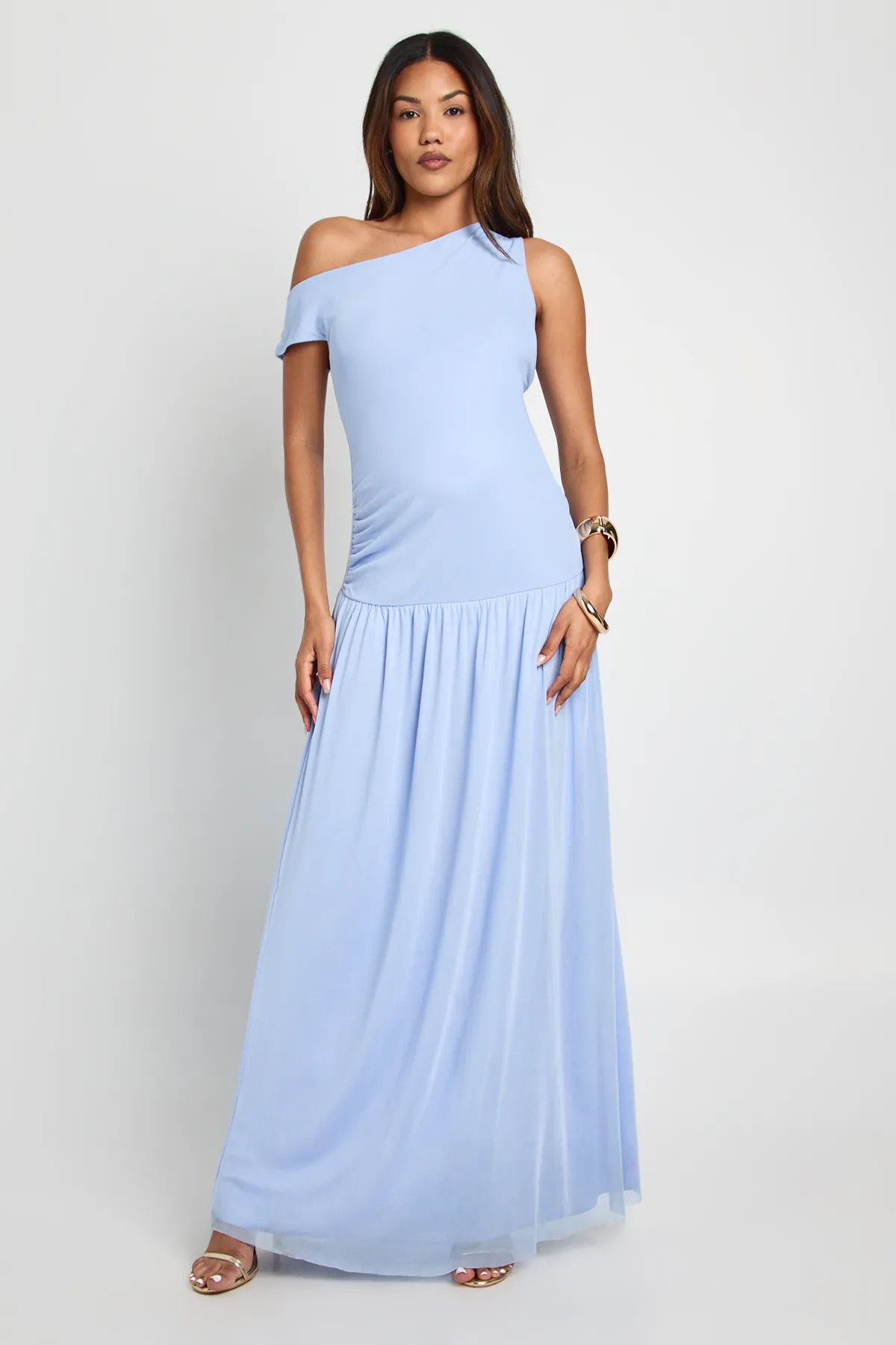 Maternity Ruched Drop Hem Mesh Dress | boohoo (US & Canada)