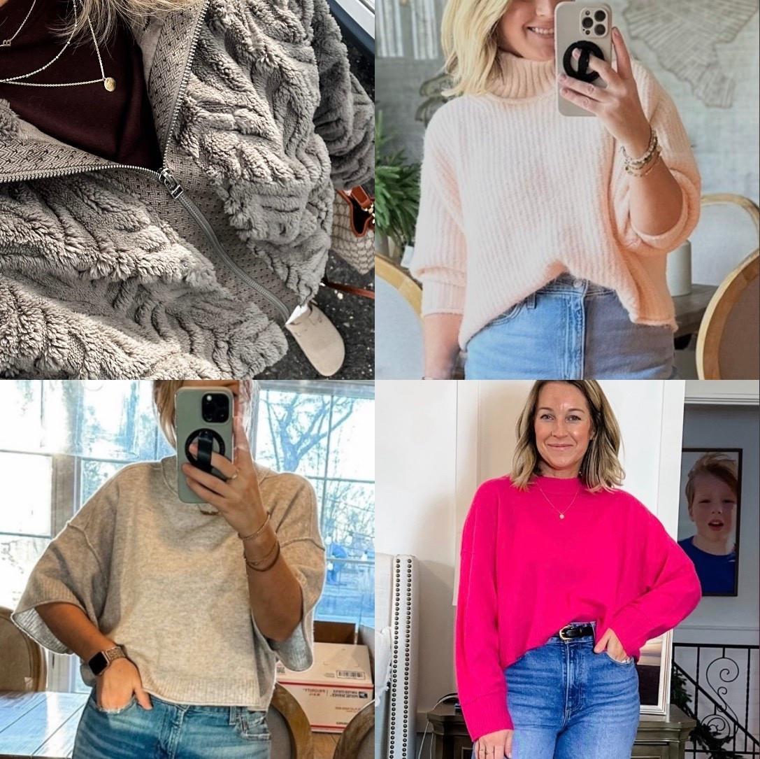Mediums in the jacket and hot pink cashmere sweater. Smalls in the other two. Everything is selling out but there are some sizes left in various colors. These are worth the grab with the sale!! Quality and you’ll have them forever. Great gifts too! The top right sweater can def be sized up 1 and honestly I think everything can be. The only one you may be able to size down in is the bottom left, Goldie short sleeve. Depending on how cropped you want it  

#LTKHoliday #LTKSaleAlert #LTKGiftGuide