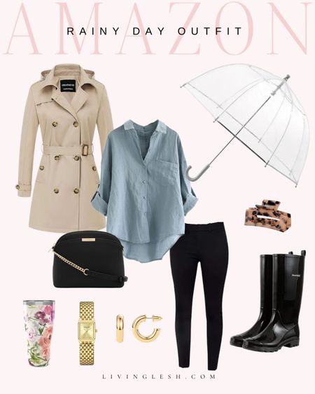 Amazon fashion | Amazon style | Casual outfit | Rainy day outfit | Rain boots | Umbrella | Trench coat | Hair clip | Gold accessories | Button up shirt

#LTKfindsunder50 #LTKworkwear #LTKshoecrush