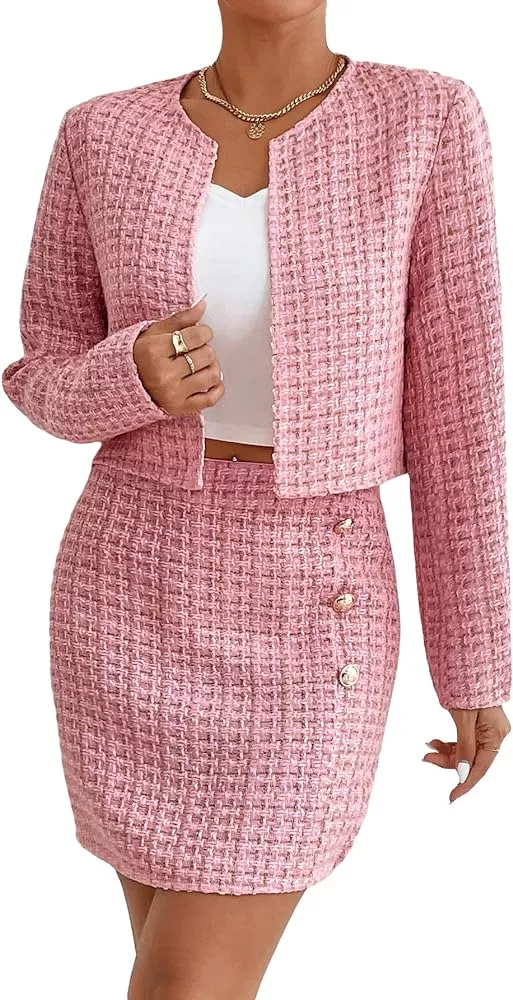  Floerns Women's 2 Piece Outfits Plaid Tweed Blazer