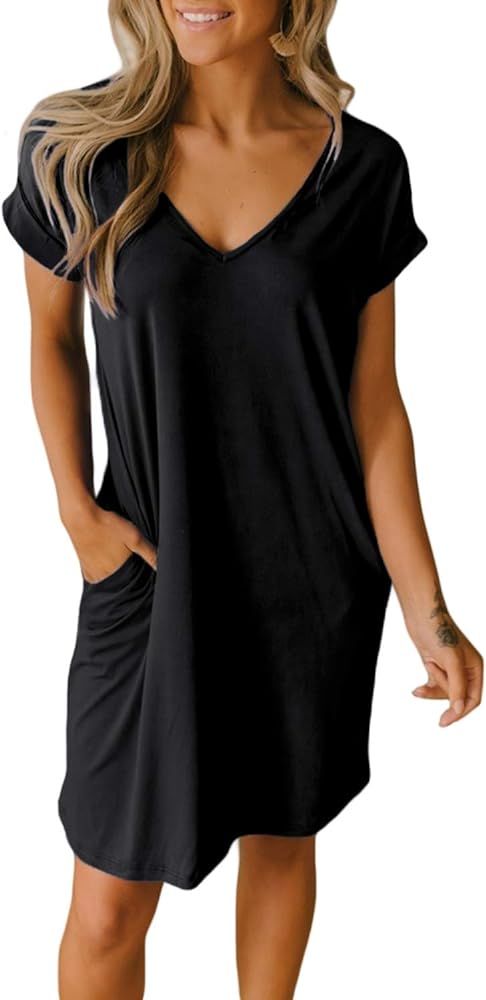 BTFBM Women V-Neck Short Sleeve Dresses Solid Color Casual Loose Fit T-Shirt Tunic Short Dress Pajam | Amazon (US)