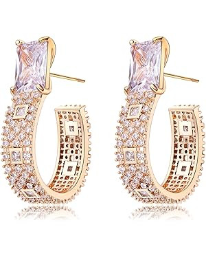 925 Sterling Silver Post Hoop Earrings for Women Girls Multicolored Crystal Cubic Zirconia Chunky... | Amazon (US)