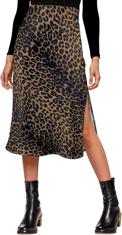 Womens Satin Silk High Waist Slit Midi Skirt Elastic Waistband Midi Skirts for Women | Amazon (US)