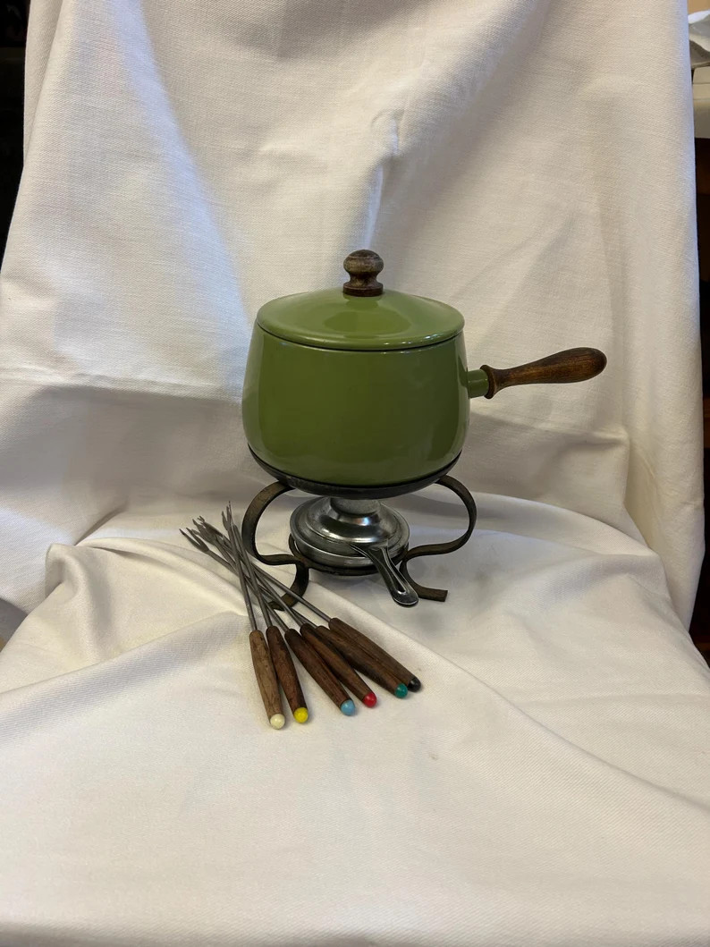 Vintage MCM Fondue Pot Set Avocado Green Enamelware With Forks - Etsy | Etsy (US)