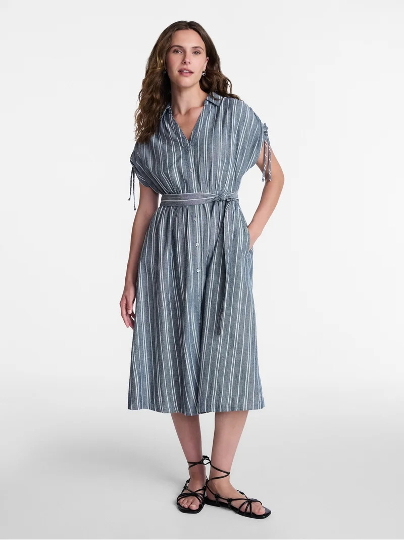 Time and Tru Women's Short Sleeve Midi Linen Shirt Dress, Sizes XS-XXXL | Walmart (US)
