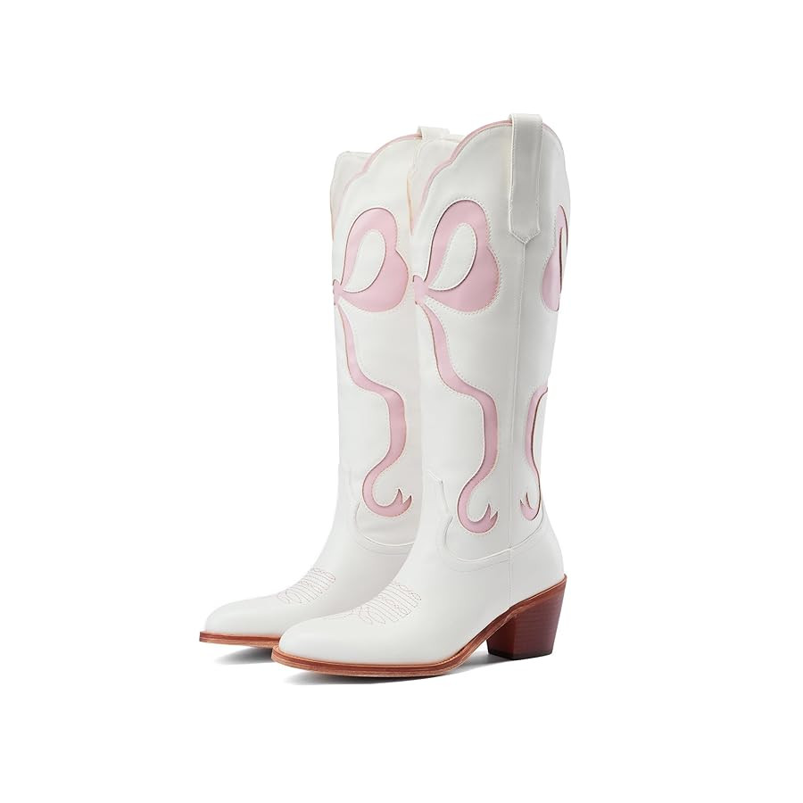 Women's White Cowgirl Boots with Bow Knee High Cowboy Boots Almond Round Toe Chunky Heel Embroide... | Amazon (US)