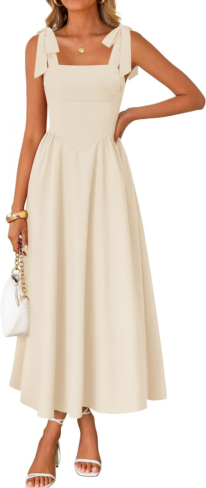 ZESICA Women's Summer Spaghetti Strap Maxi Dress 2026 Tie Shoulder Square Neck Flowy Wedding Gues... | Amazon (US)